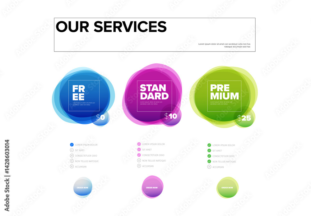 Modern Service Pricing Table Template with Free, Standard, and Premium Plans with fresh layout