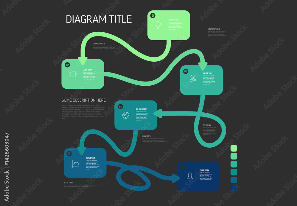 Green and blue Infographic Flowchart with Text connected blocks, arrows, and vibrant icons, showcasing process steps or data points