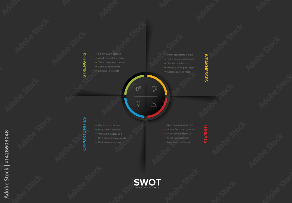 SWOT Dark Analysis Infographic Template utlines strengths, weaknesses, opportunities, and threats