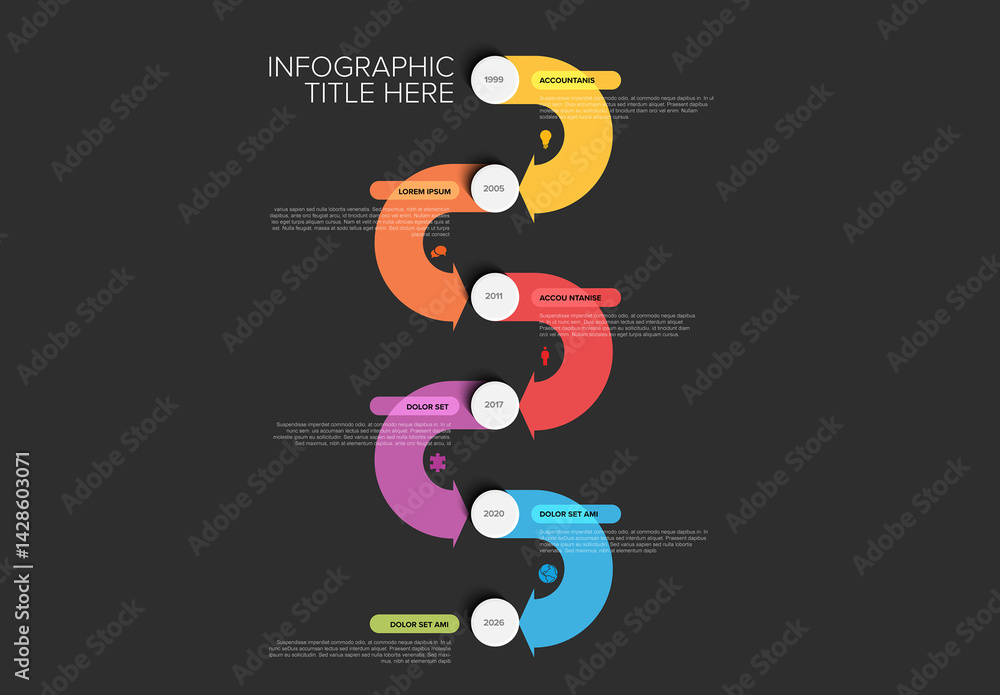 Colorful Dark Timeline Infographic with Milestones and Circular arrows, icons, and text
