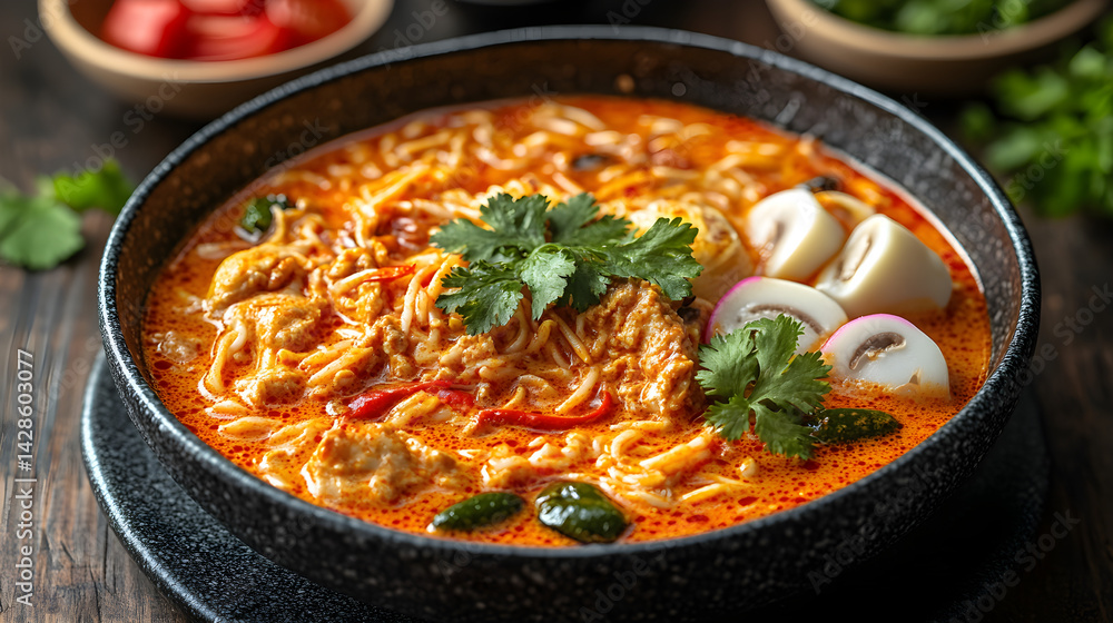 Curry Laksa served on dark grey textured plate with fresh garnish top view