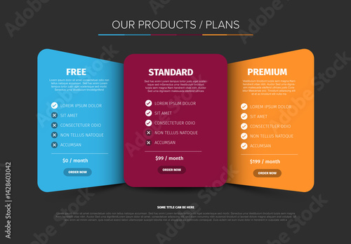 Pricing Table for Free, Standard, and Premium Plans on color panels and black background