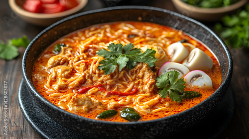 Obraz na płótnie Curry Laksa served on dark grey textured plate with fresh garnish top view w salonie