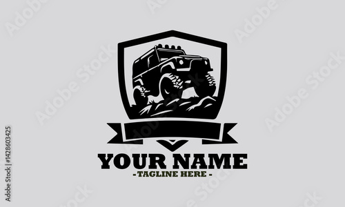 silhouette illustration of a powerful off-road pickup truck navigating a rugged rocky terrain with a decorative banner. Off road car logo icon design illustration and off road car vector logo design