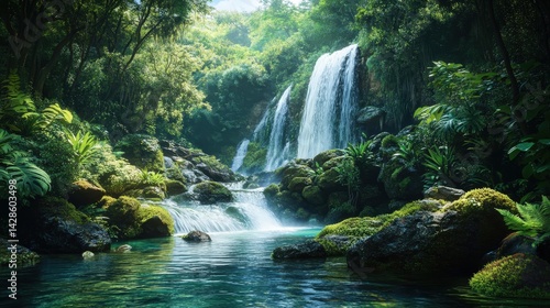 A tropical rainforest waterfall cascading down moss-covered rocks into a crystal-clear pool surrounded by dense jungle