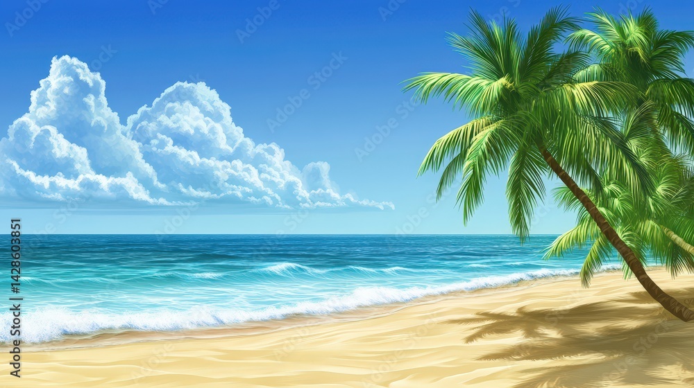 A tropical summer background featuring palm trees, a golden sandy beach, and gentle ocean waves A tropical summer background featuring palm trees, a golden sandy beach, and gentle ocean waves