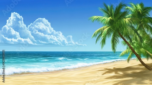 Wallpaper Mural A tropical summer background featuring palm trees, a golden sandy beach, and gentle ocean waves Torontodigital.ca