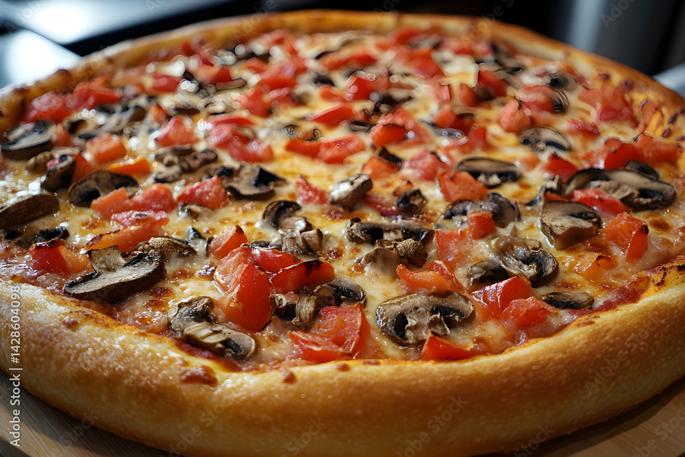 Delicious vegetarian pizza with mushrooms, peppers, and cheese