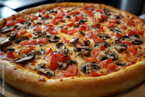 Obraz na płótnie Delicious vegetarian pizza with mushrooms, peppers, and cheese w salonie