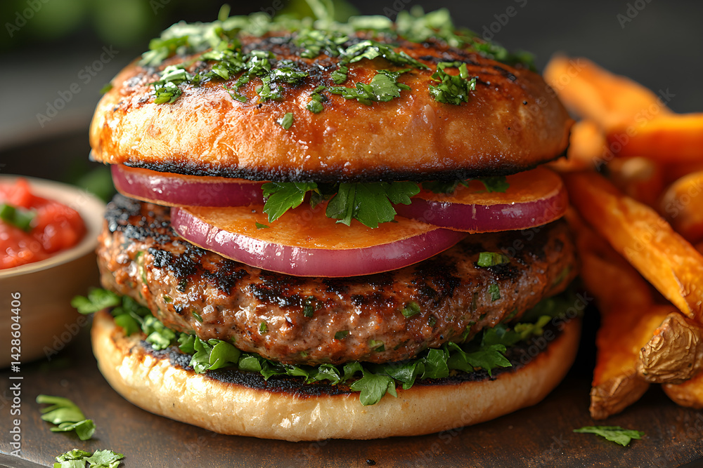 Delicious veggie burger with a side of sweet potato fries