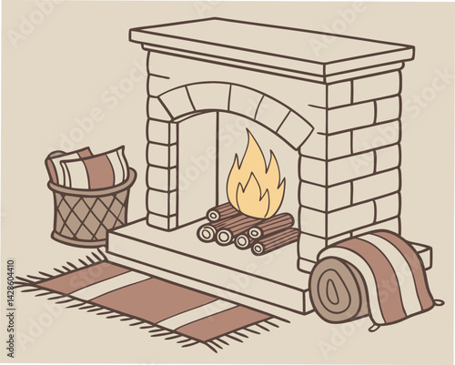 Cozy fireplace with burning logs and warm blankets  