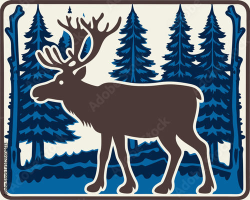 silhouette of a reindeer standing among tall pine trees  