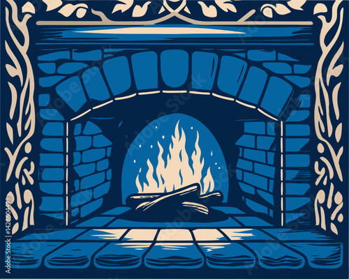 Cozy fireplace with flames and logs against a detailed background  