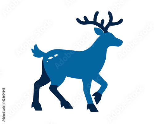 Blue Reindeer Silhouette Trotting Against White Background  