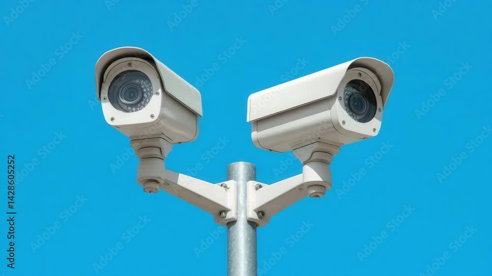 Two Modern CCTV Security Cameras Mounted on a Pole Against a Bright Blue Sky Two Modern CCTV Security Cameras Mounted on a Pole Against a Bright Blue Sky