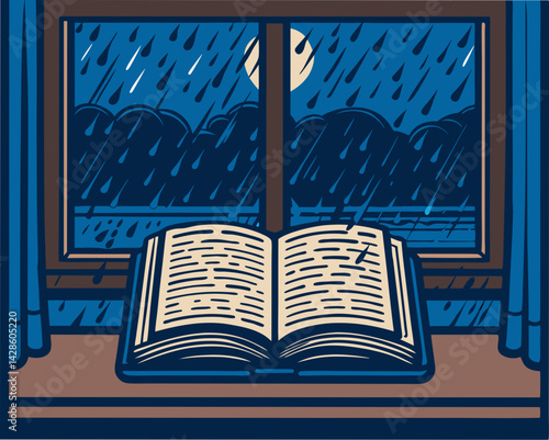 Open Book on Windowsill with Rainy Night View  