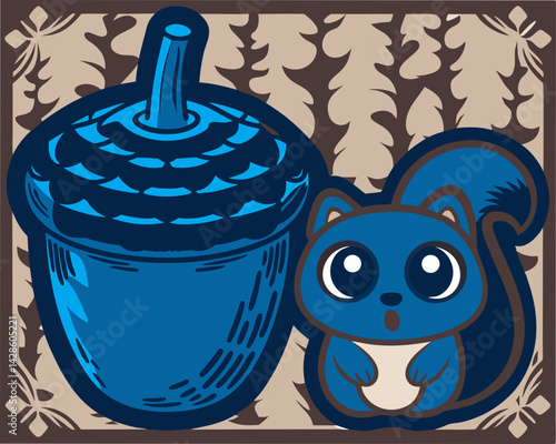 Cute squirrel surprised by a large acorn against a decorative background  