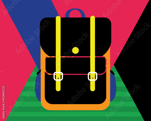 Colorful school backpack against vibrant geometric background  