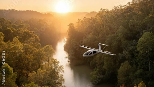 Flying over a river at dawn in a futuristic electric vertical takeoff and landing vehicle, forested landscape and bright sunrise
