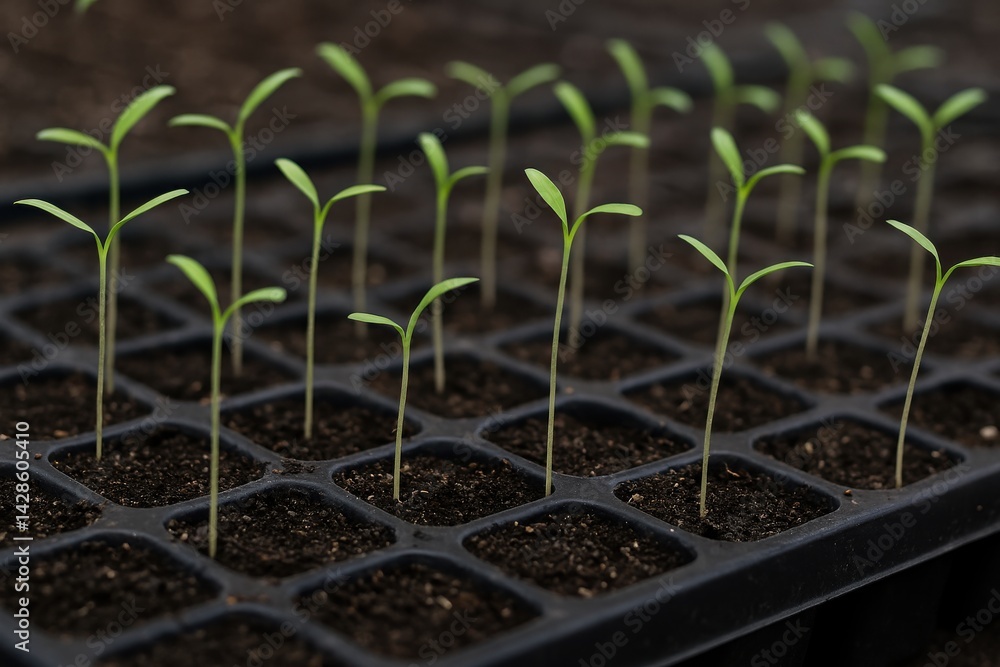 Small leggy seedlings growing in cultivation tray