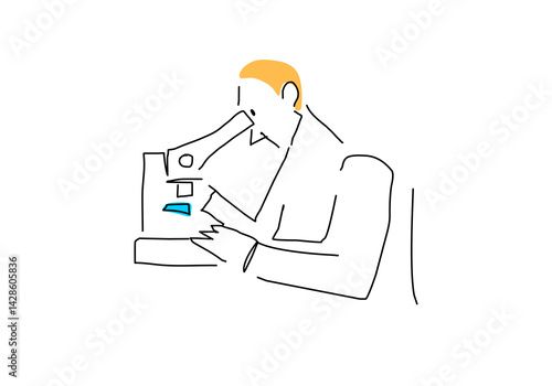 Minimalist line art illustrations of scientists and researchers working in a laboratory.