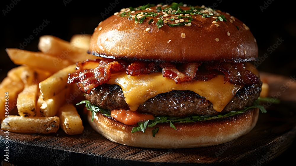 Double bacon burger with melted cheese, served with crispy fries
