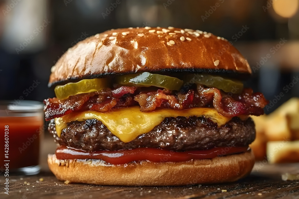 Double bacon cheeseburger with pickles and ketchup on a rustic wooden table