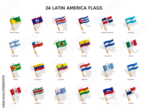 Set of Latin American flags holding by hand
