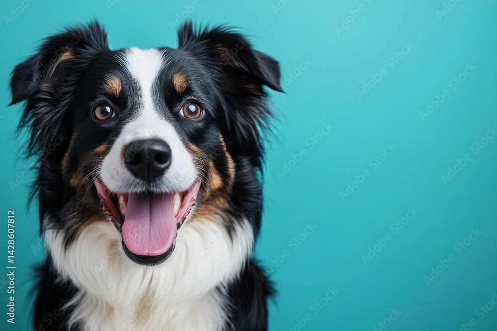 Close-up studio portrait of a smiling border collie with tongue out on bright blue background Close-up studio portrait of a smiling border collie with tongue out on bright blue background