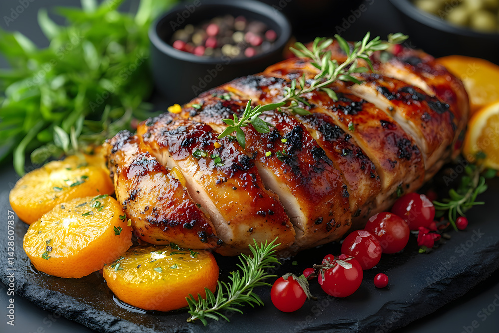 Duck à l'Orange styled on rustic black stone table with side ingredients