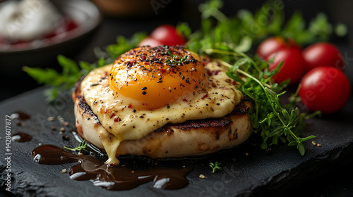 Egg Benedict presented on a black textured surface with elegant side garnishing