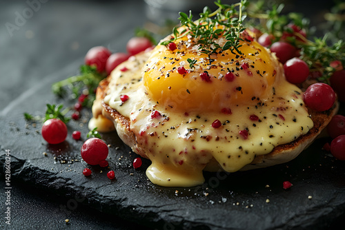 Obraz na płótnie Egg Benedict styled on dark grey background with clean plating and props w salonie