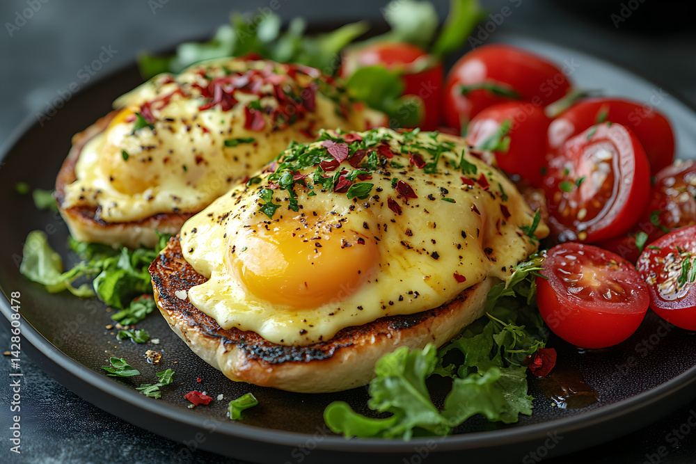 Egg Benedict styled on dark grey background with clean plating and props