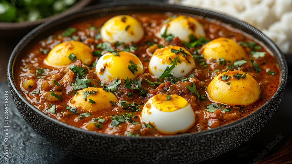 Egg Curry presented on a black textured surface with elegant side garnishing