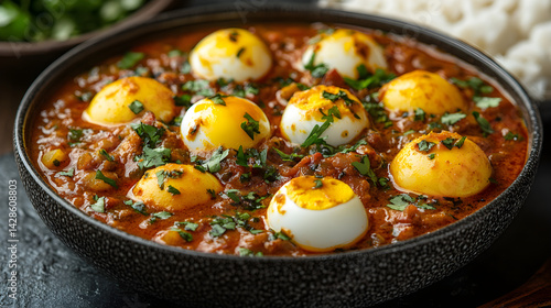 Obraz na płótnie Egg Curry presented on a black textured surface with elegant side garnishing w salonie