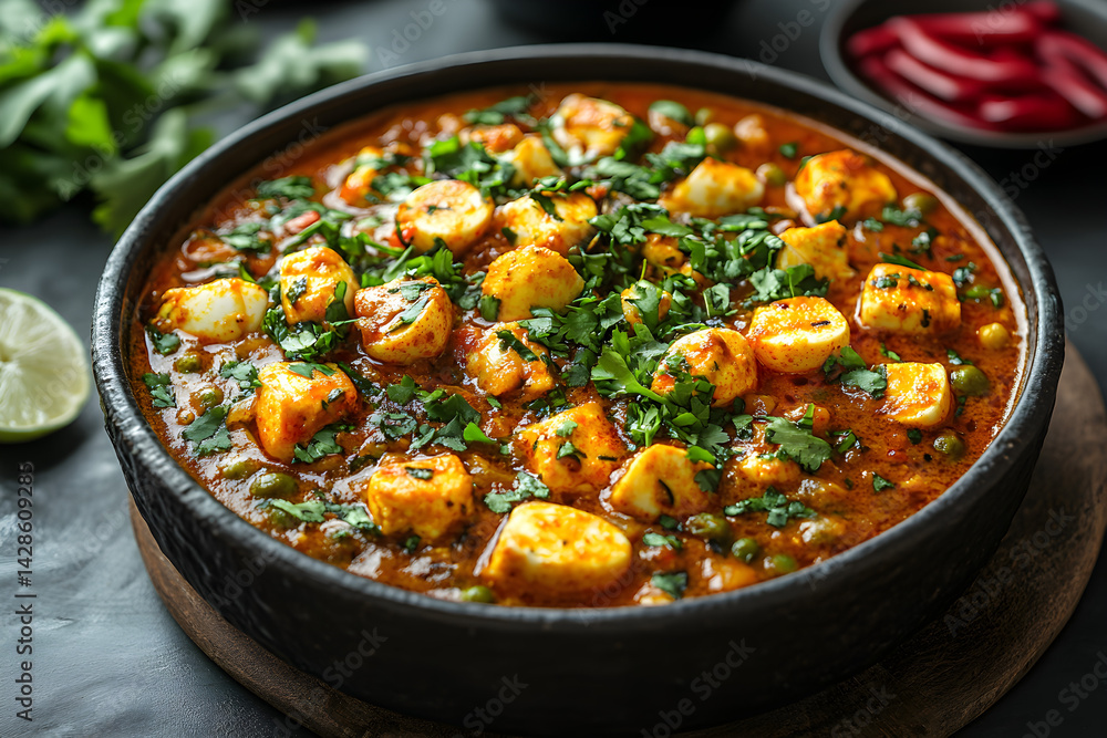 Egg Curry styled on dark grey background with clean plating and props