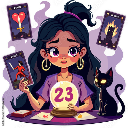 Gypsy fortune teller with Tarot cards, a magic ball, and a black cat