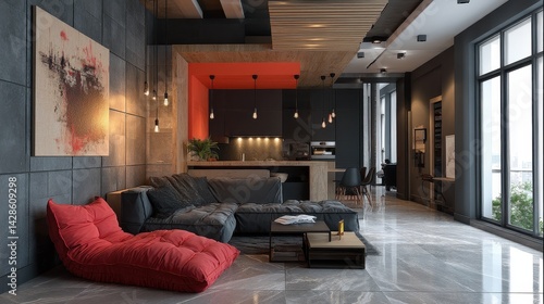 Wallpaper Mural modern apartment interior with stylish furniture, an open kitchen, and a cozy living area with contemporary art pieces hanging on the walls, showcasing the high end design elements Torontodigital.ca