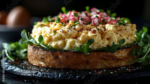Obraz na płótnie Egg Salad Sandwich presented on a black textured surface with elegant side garnishing w salonie