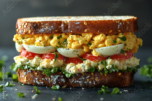 Obraz na płótnie Egg Salad Sandwich styled on dark grey background with clean plating and props w salonie