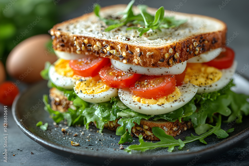 Egg Salad Sandwich styled on dark grey background with clean plating and props