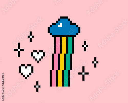Y2k inspired fairytale rainbow icon in pixel art. Cloud and rainbow sky with cute pixel heart, sparkle pattern. Game abstract design element for sticker, poster, collage, logo. Vector illustration