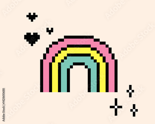 Y2k inspired rainbow icon in pixel art. Colorful rainbow with cute pixel heart, sparkle pattern. Game abstract sticker for poster, collage, logo, sign. Vector illustration. Game abstract element