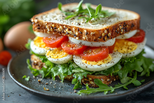 Obraz na płótnie Egg Salad Sandwich styled on dark grey background with clean plating and props w salonie