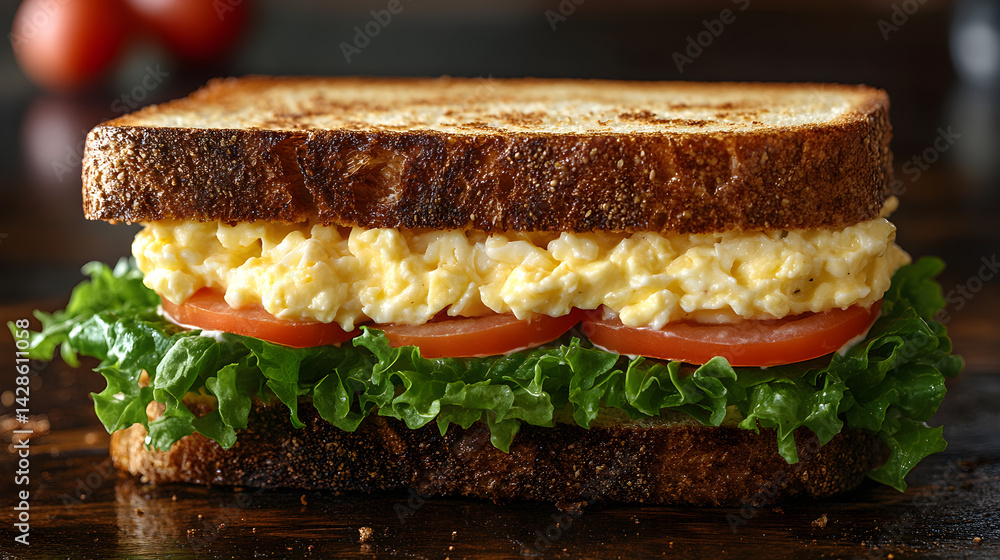 Egg salad sandwich with lettuce on toasted white bread