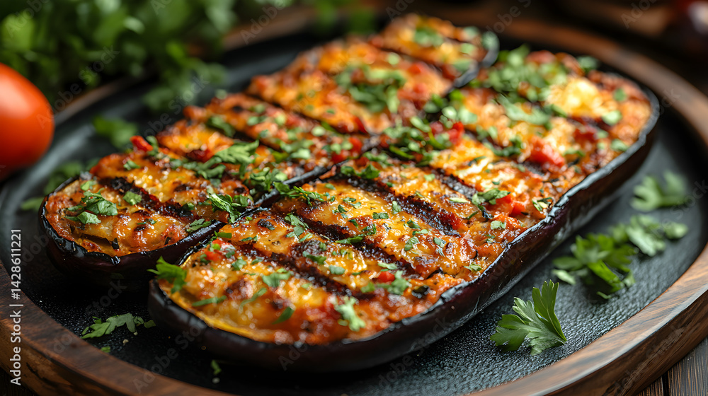 Eggplant Parmesan served on dark grey textured plate with fresh garnish top view
