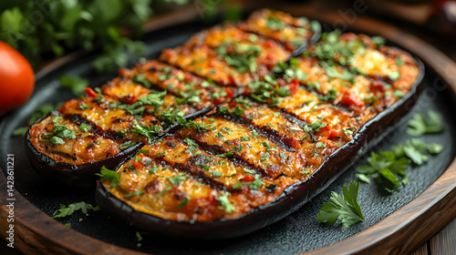 Eggplant Parmesan served on dark grey textured plate with fresh garnish top view