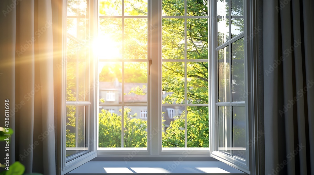 Fototapeta premium Sunlight streams through a window into a verdant outdoor scene.