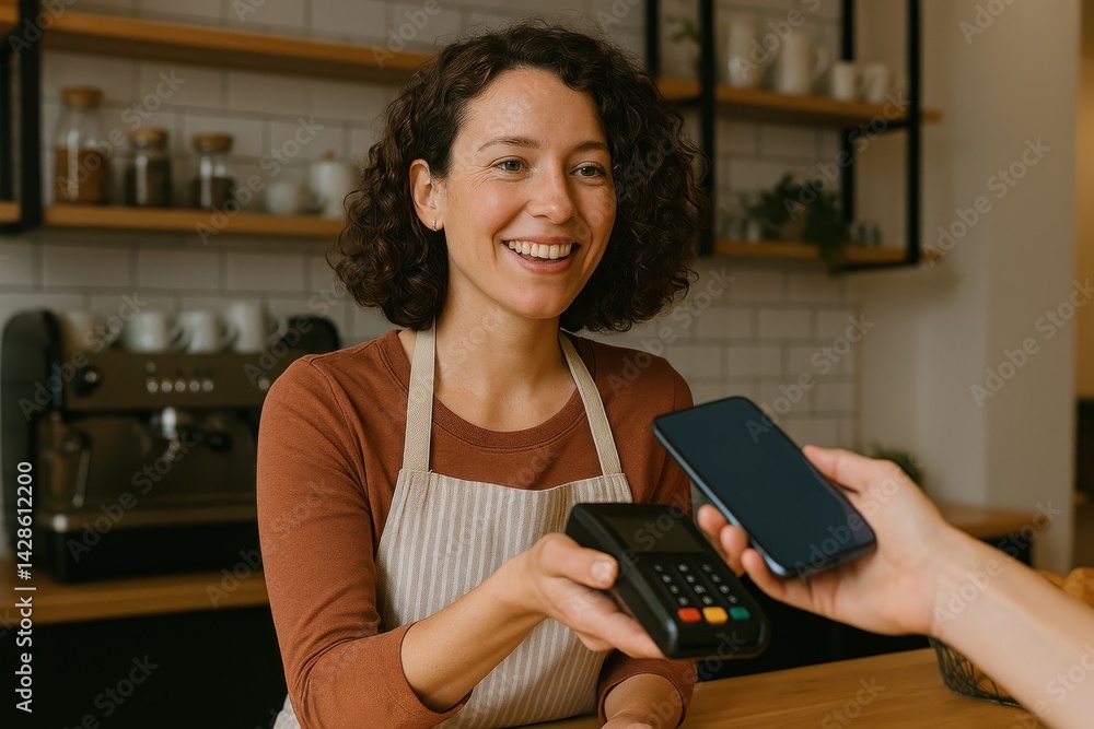 Smiling female owner receiving contactless payment through smart phone. Unrecognizable customer paying in cafe.