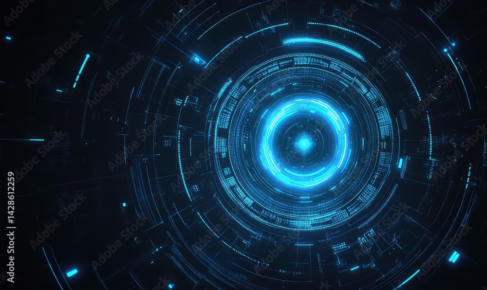 Fototapeta premium Glowing blue circular energy field with concentric rings and digital elements